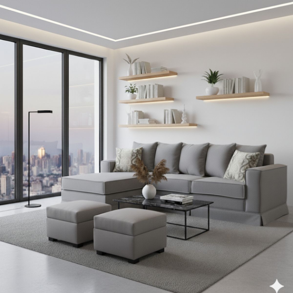 MUNDO LIVING - Living 311 Provenza gris claro Seccional con resortes + 2 ottoman