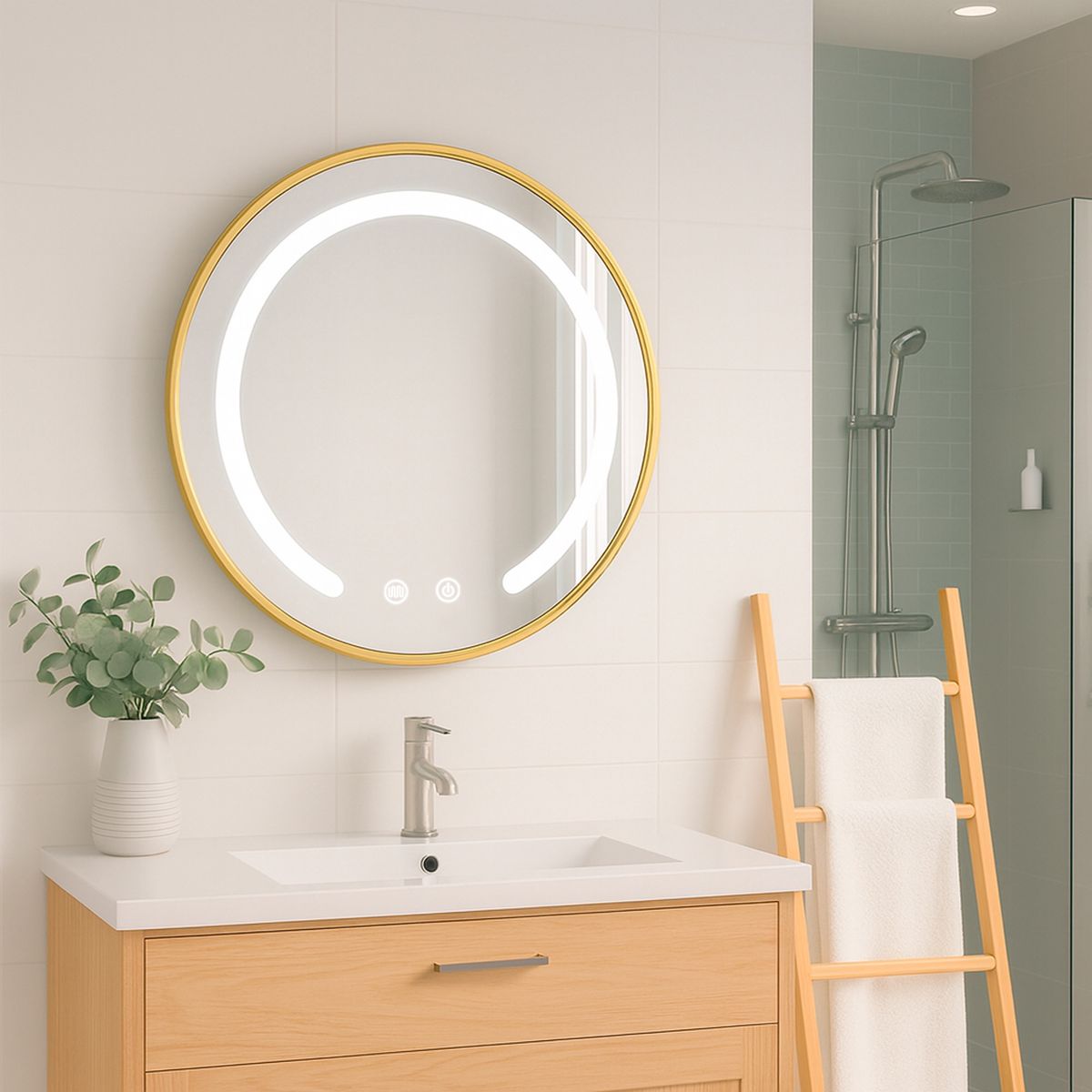 JOYTEK - Espejo Redondo Marco Dorado Touch con Luz Led 3 colores 50 cm