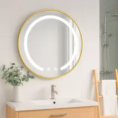JOYTEK - Espejo Redondo Marco Dorado Touch con Luz Led 3 colores 60 cm
