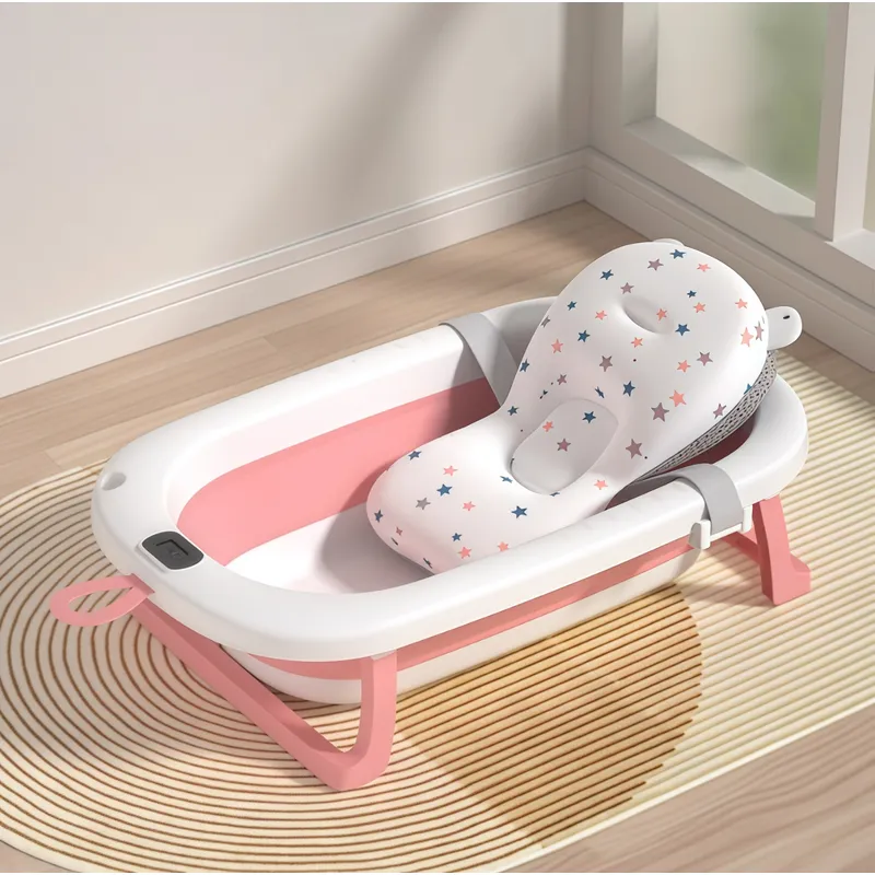 OASIS - Tina Bebe Baera Plegable con Termometro y Cojin Bao Rosado