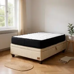 BLOCCARE - Cama Baul 1 Plaza + Colchon Black L190/Patas Madera 11CM (Beige)