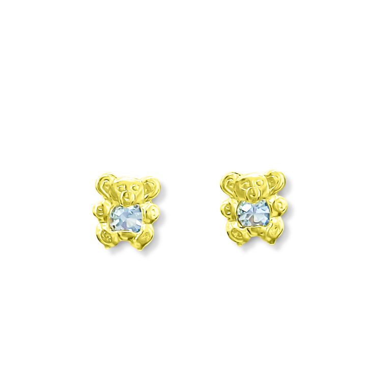 Aros Bebe Nina Oso Circon Celeste Enchapado Oro 18K Dorado TALLA UNICA