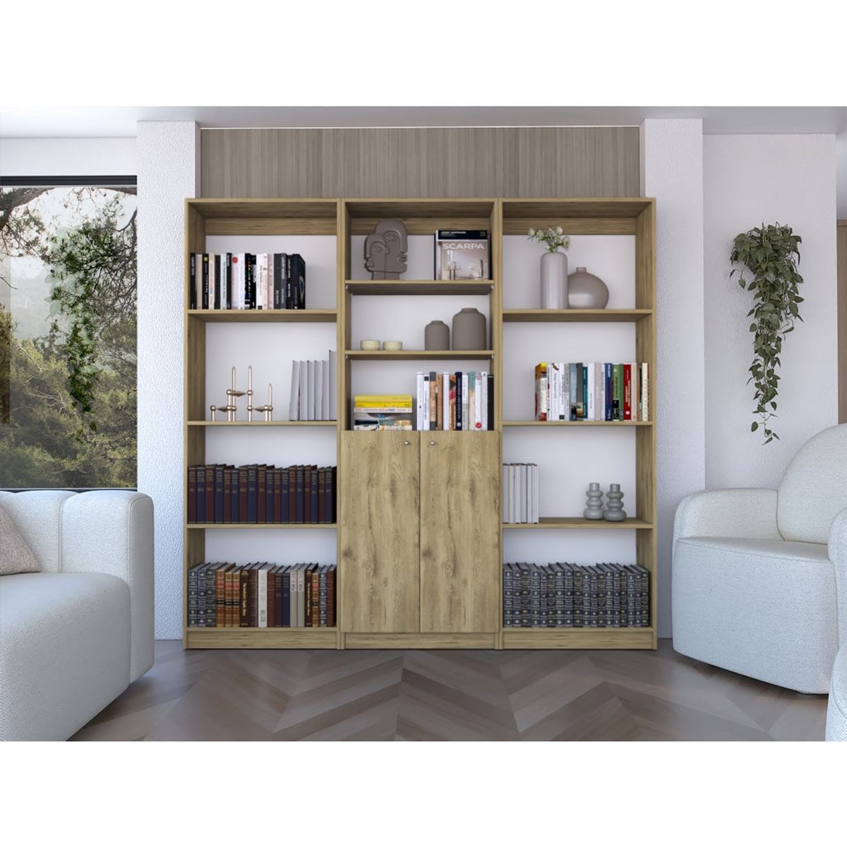 TUHOME - Set 2 Estantes 4 Repisas + Estante 2 Puertas Fm-013C Cafe Claro