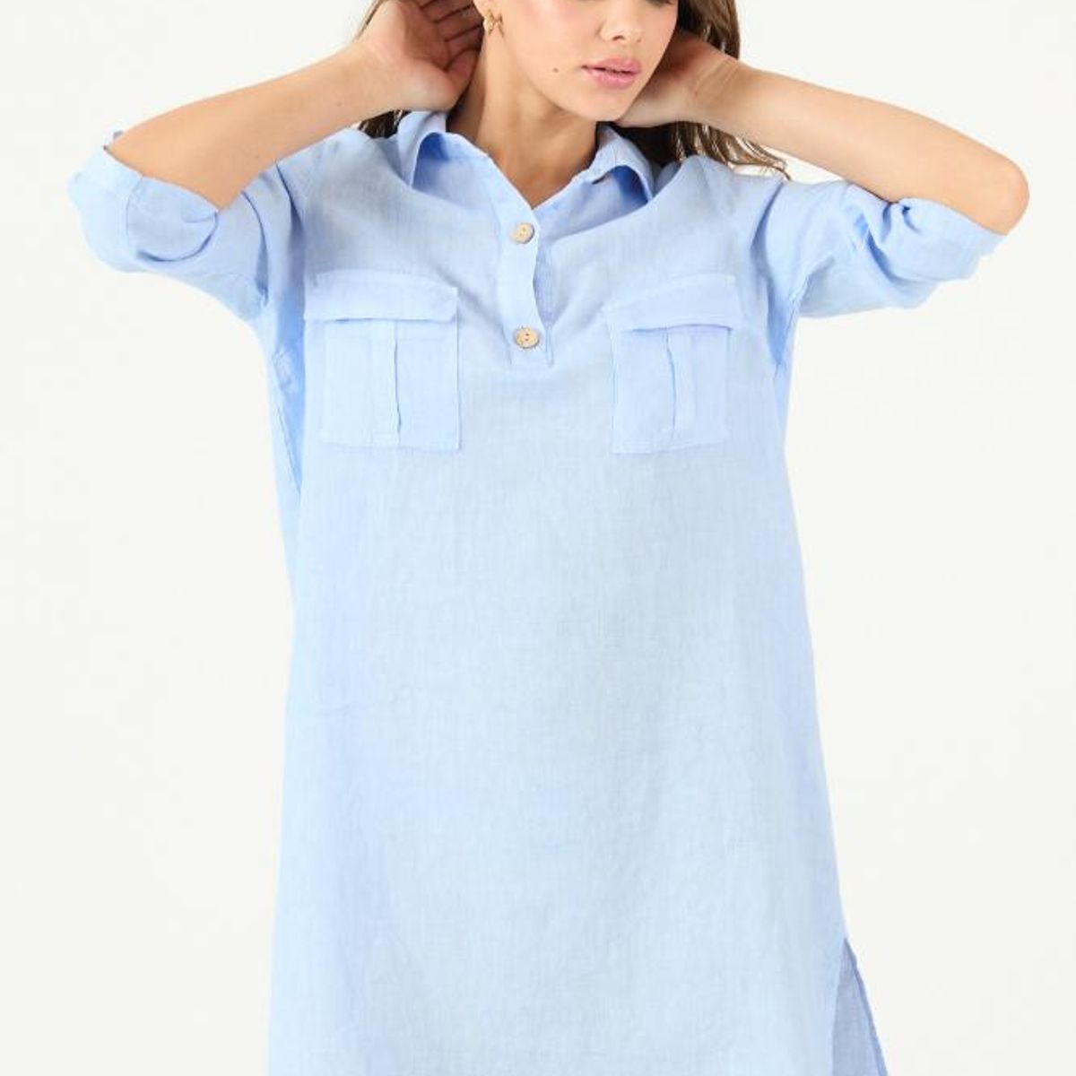 PRIVILEGE - Vestido de lino celeste PRIVILEGE 3040