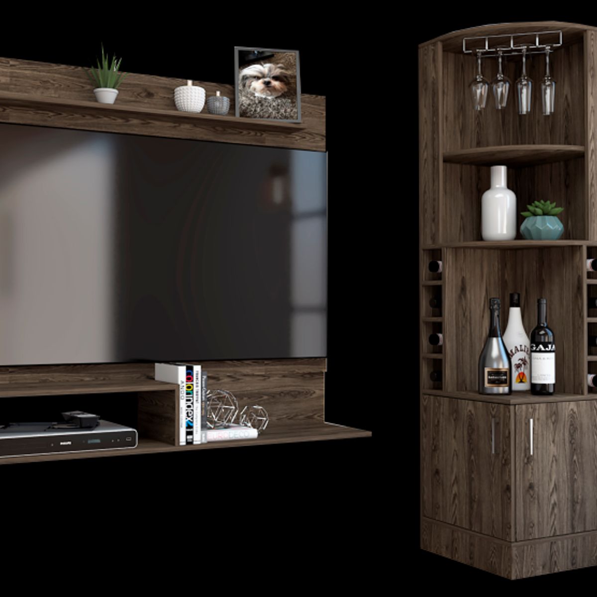 TUHOME - Combo Bar Esquinero + Panel Tv 55 Beijing Coñac