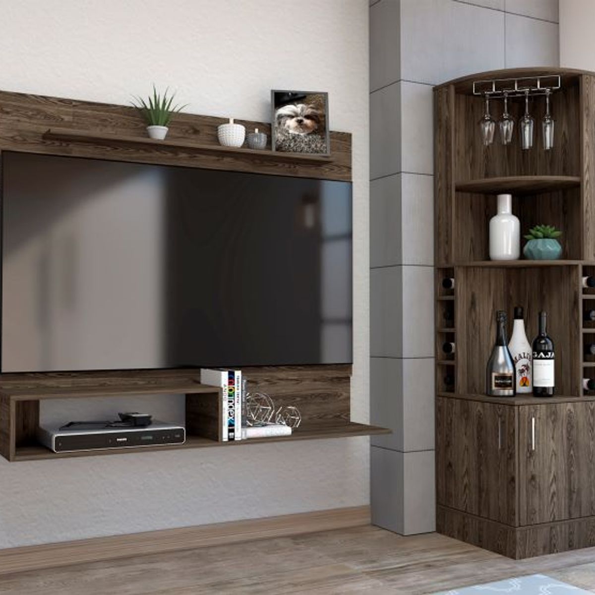 TUHOME - Combo Bar Esquinero + Panel Tv 55 Beijing Coñac