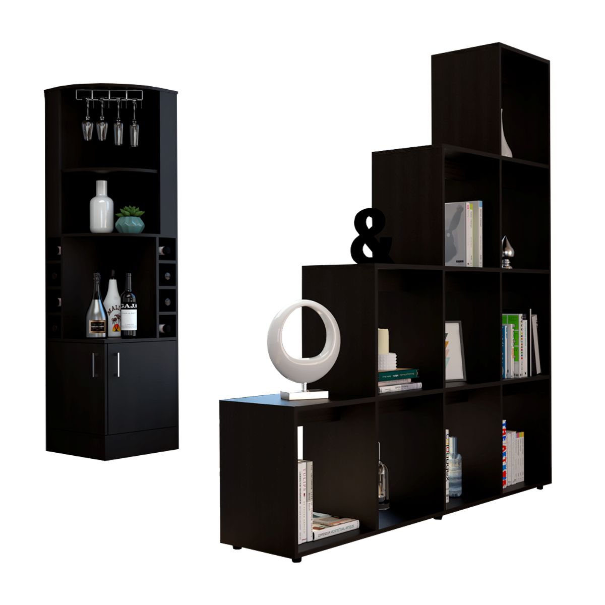 TUHOME - Combo Bar Esquinero + Biblioteca Escalera Beijing Wengue