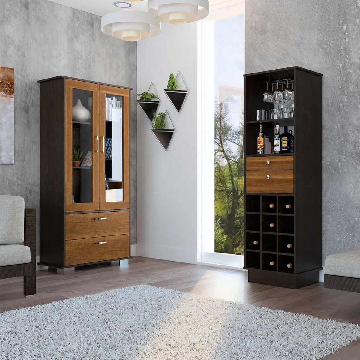 TUHOME - Combo Vitrina + Bar Classic Color Caramelo Wengue