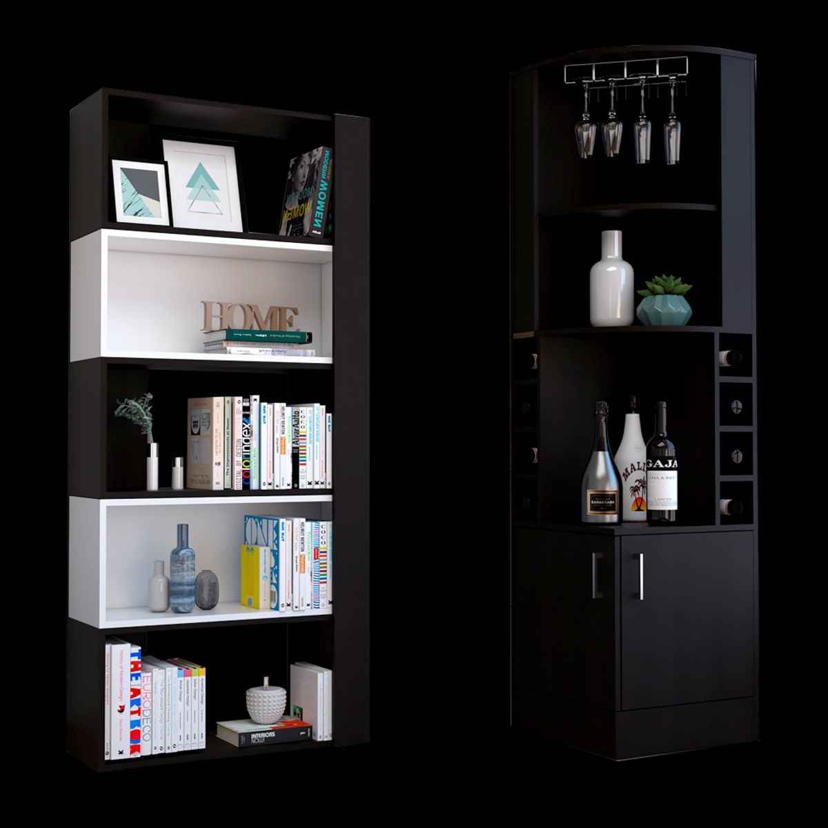 TUHOME - Combo Bar Esquinero + Biblioteca Cubo Beijing Wengue Blanco