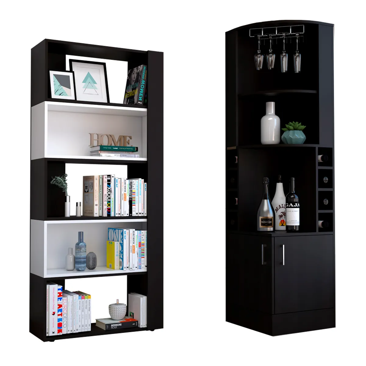 TUHOME - Combo Bar Esquinero + Biblioteca Cubo Beijing Wengue Blanco