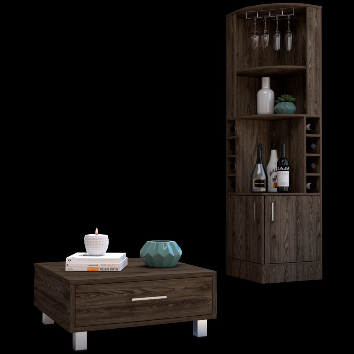 TUHOME - Combo Bar Esquinero + Mesa De Centro Beijing Coñac