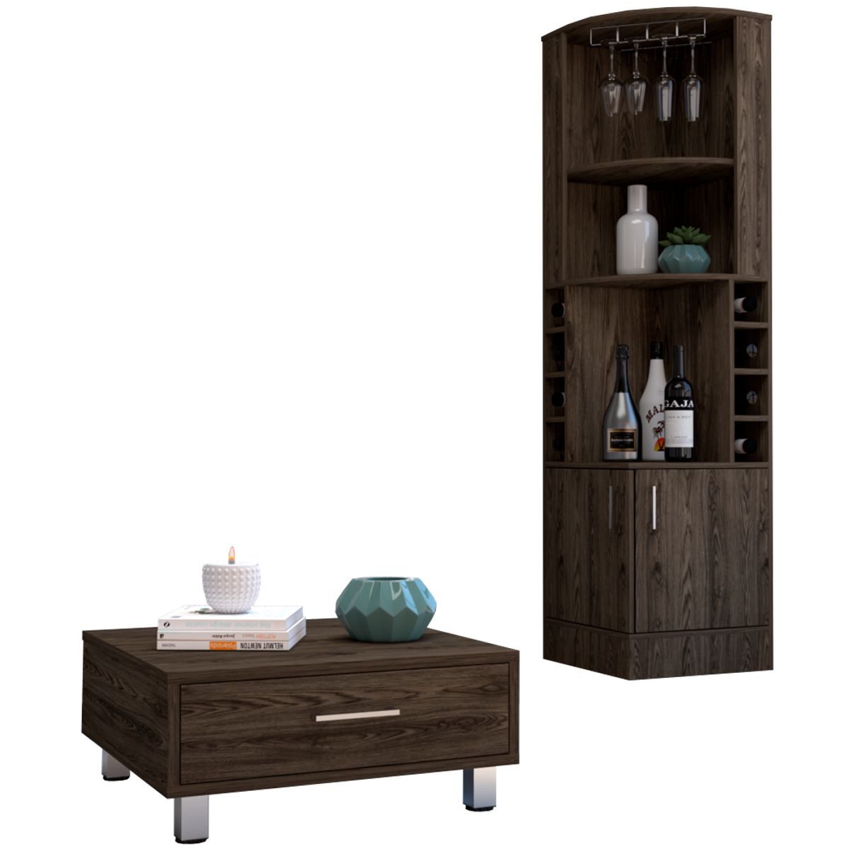 TUHOME - Combo Bar Esquinero + Mesa De Centro Beijing Coñac