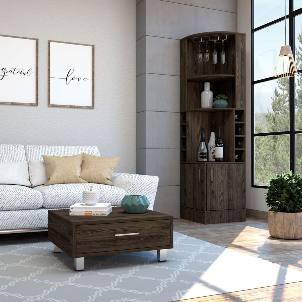 TUHOME - Combo Bar Esquinero + Mesa De Centro Beijing Coñac