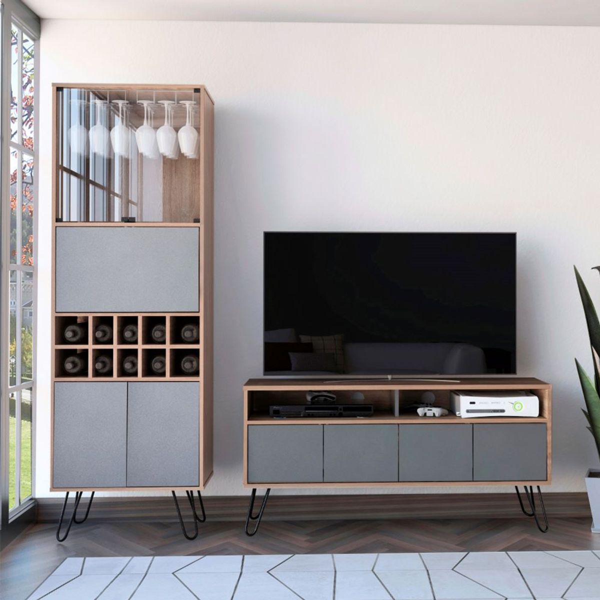 TUHOME - Combo Rack Tv 55 + Bar Alto Vassel Miel Plomo