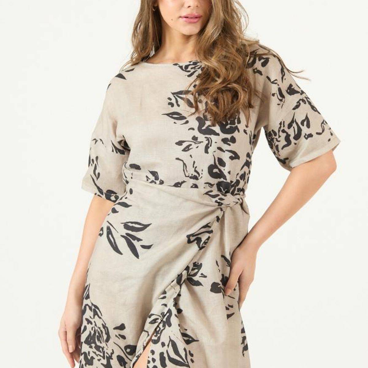 PRIVILEGE - Vestido de lino taupe estampado PRIVILEGE 3453