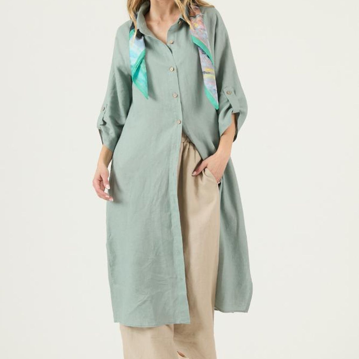 PRIVILEGE - Vestido de lino verde PRIVILEGE 3252