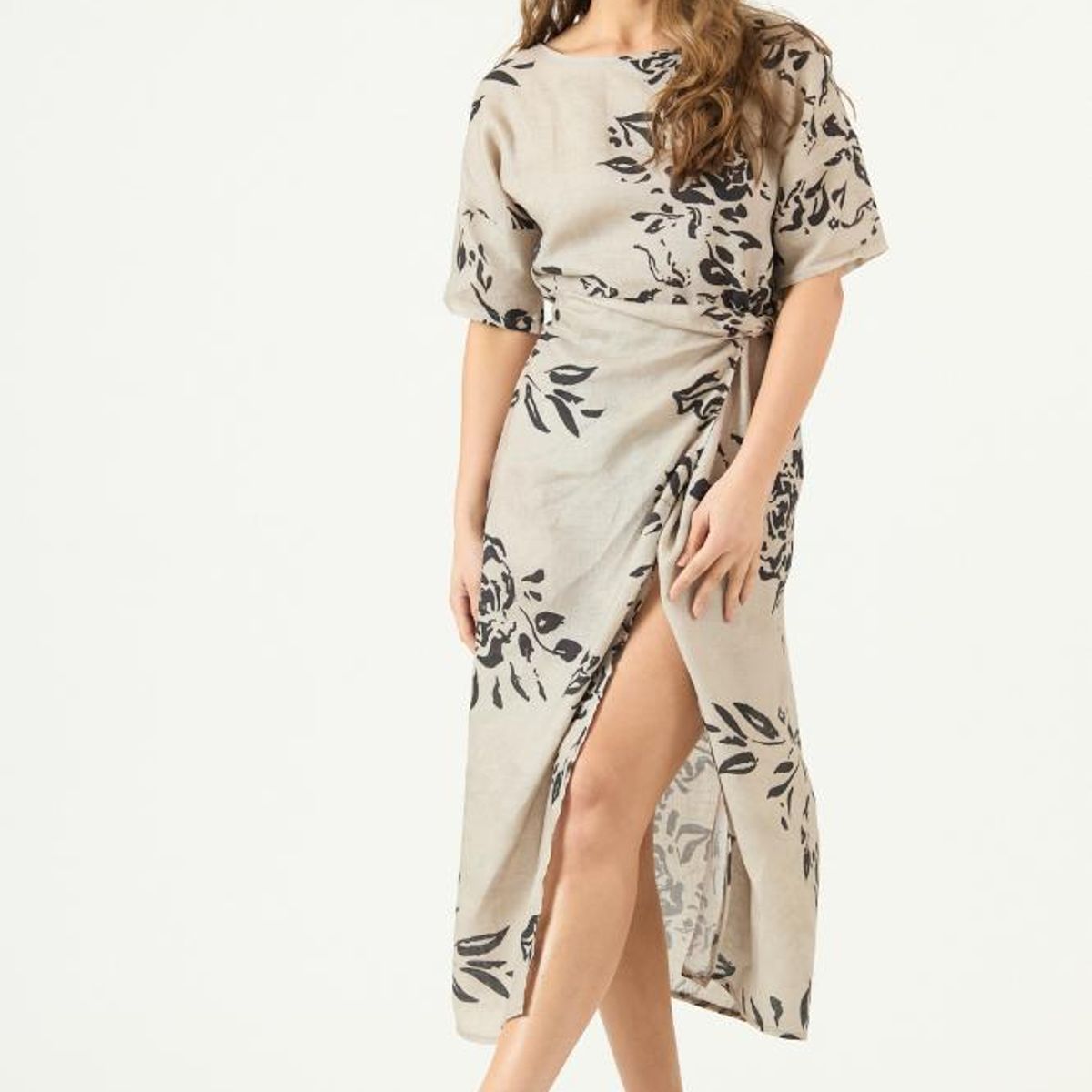 PRIVILEGE - Vestido de lino taupe estampado PRIVILEGE 3453
