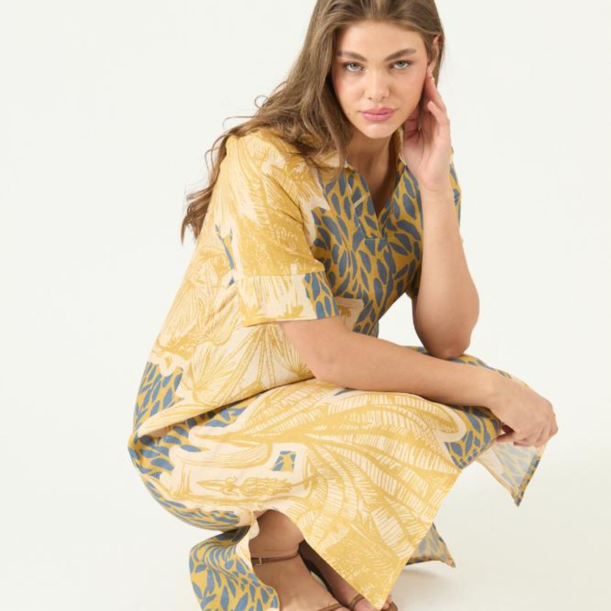 PRIVILEGE - Vestido de lino mostaza estampado PRIVILEGE 3452