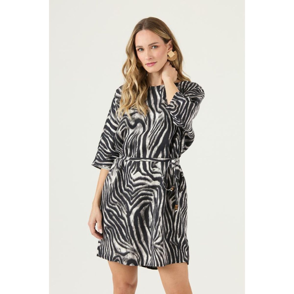 PRIVILEGE - Vestido de lino negro animal print PRIVILEGE 3271