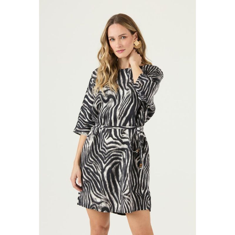 PRIVILEGE - Vestido de lino negro animal print PRIVILEGE 3271