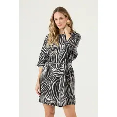 PRIVILEGE - Vestido de lino negro animal print 3271