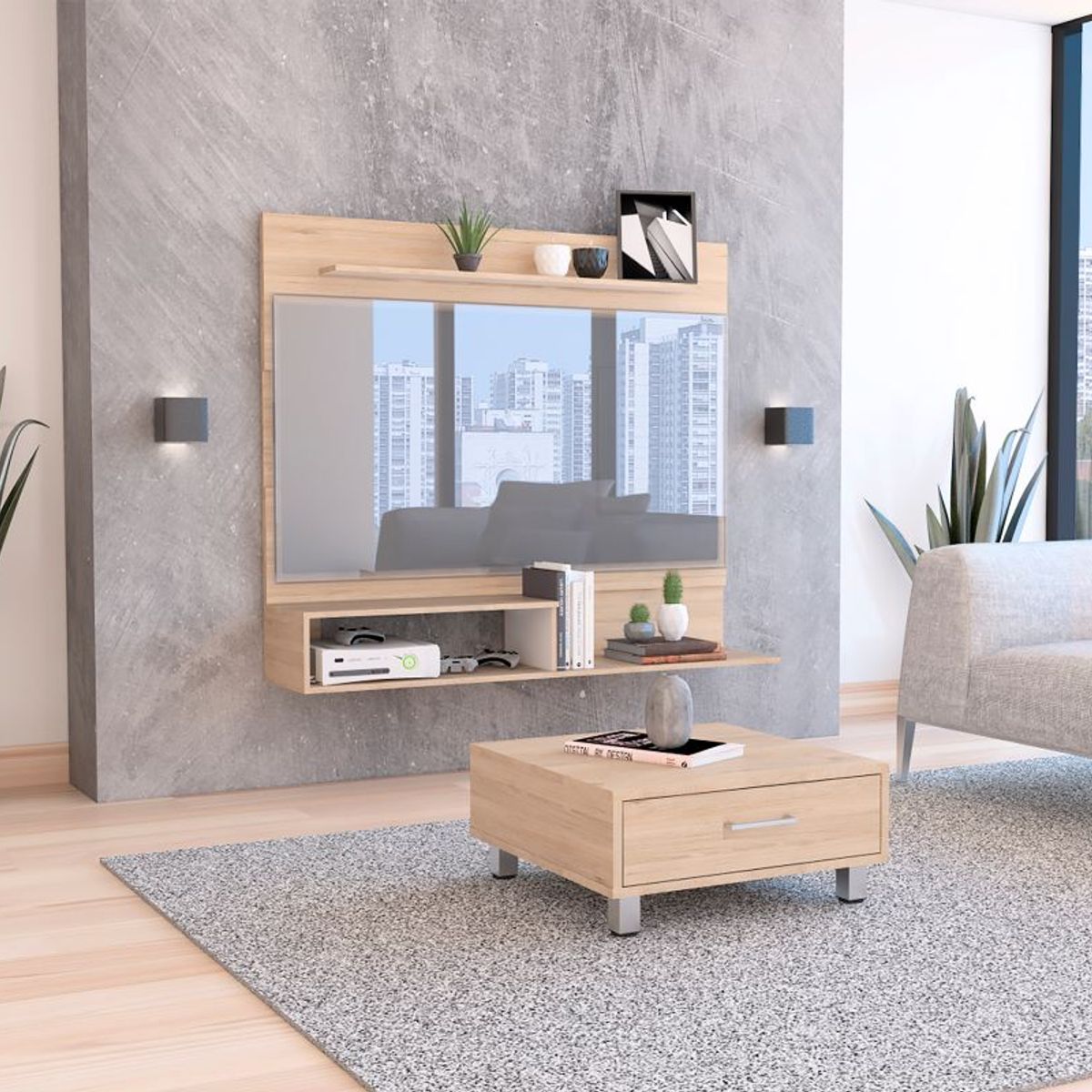 TUHOME - Combo Panel Tv 55 + Mesa De Centro Beijing Beijing Rovere Blanco