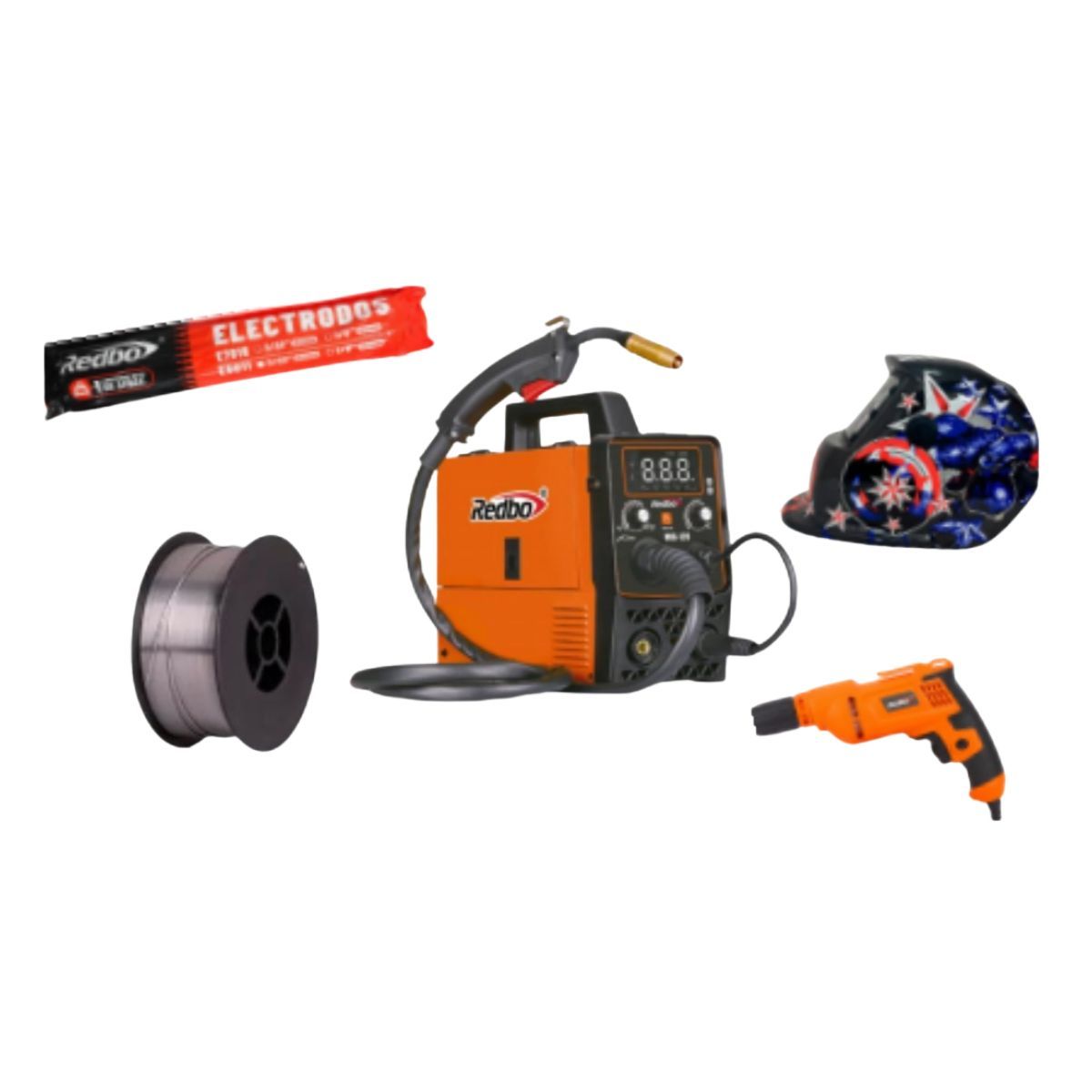 REDBO - Soldadora MIG-120P + Máscara +1kg Alambre + 1Electrodo + 1 Taladro ED 350-10