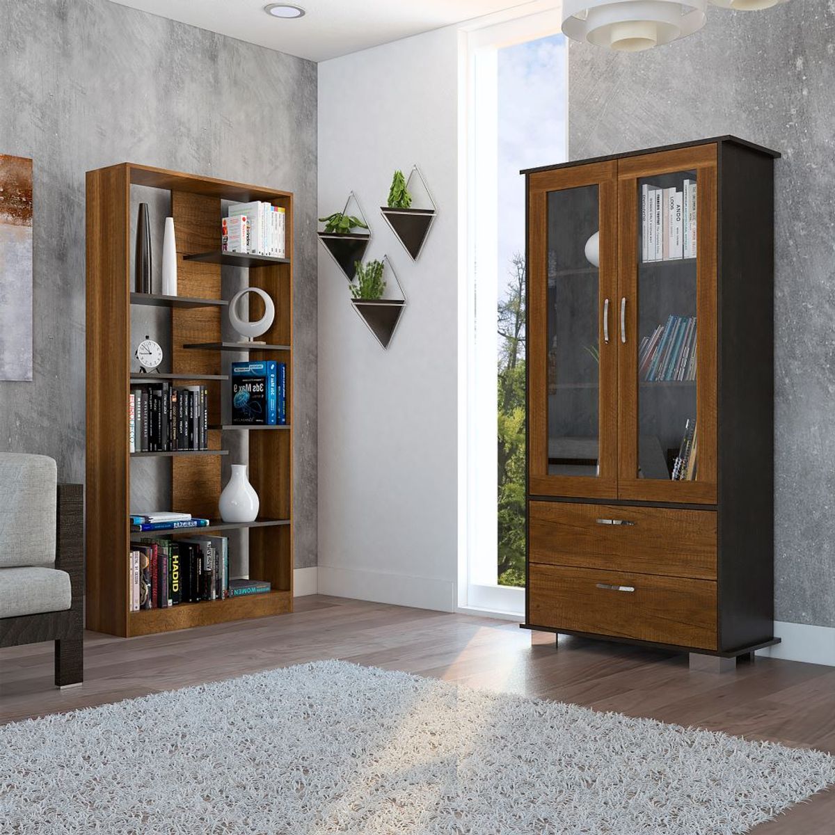 TUHOME - Combo Biblioteca + Vitrina Classic Color Caramelo Wengue