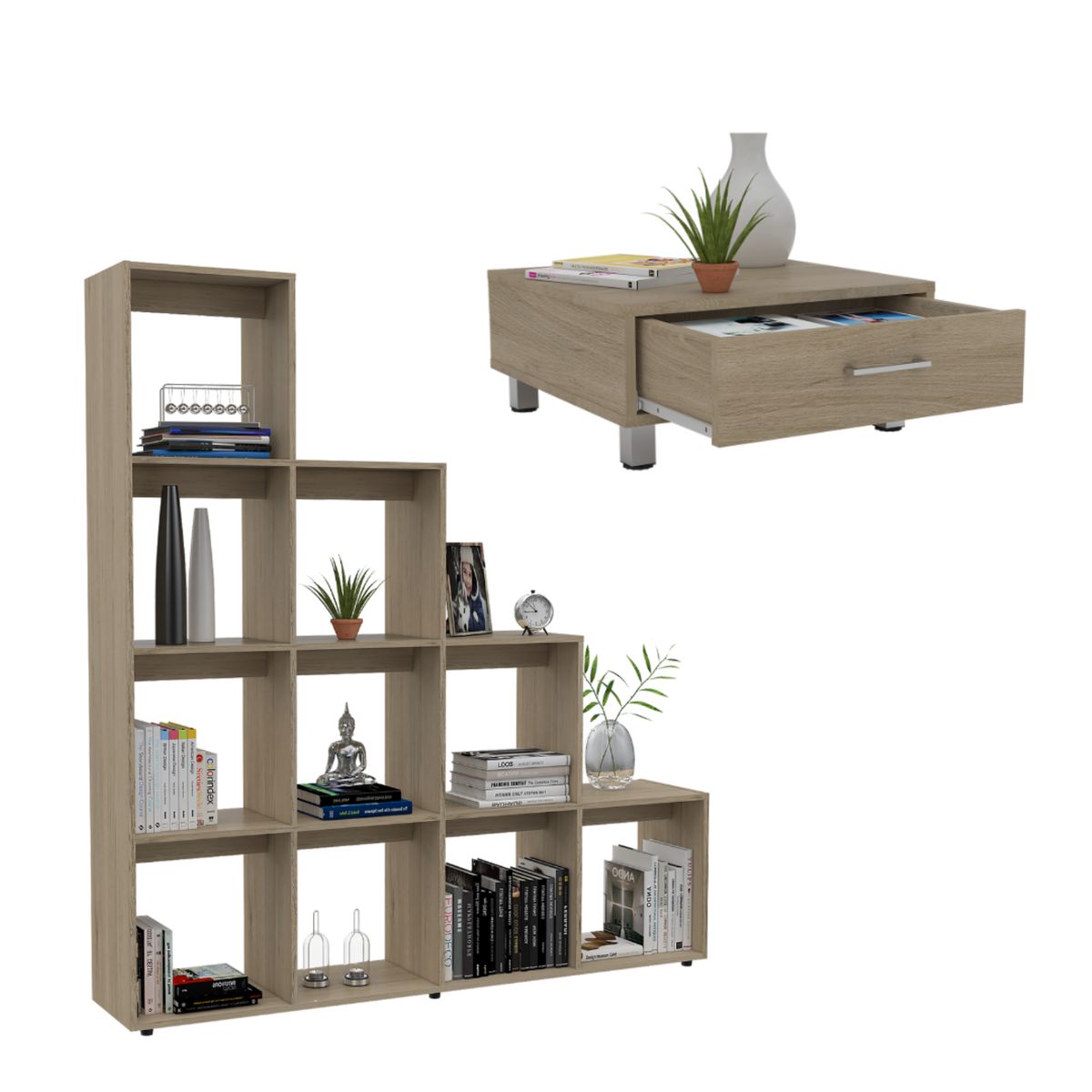 TUHOME - Combo Biblioteca Escalera + Mesa De Centro Beijing Rovere