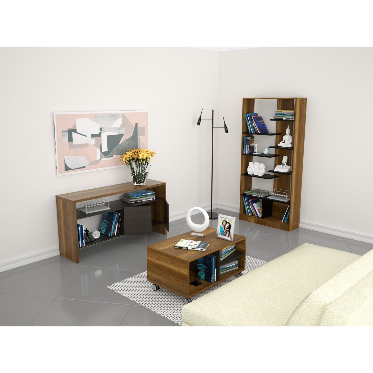 TUHOME - Combo Biblioteca + Arrimo + Mesa De Centro Classic Color Caramelo Wengue