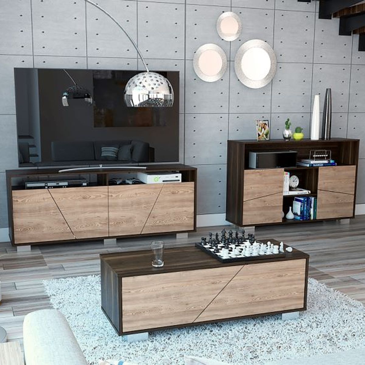 TUHOME - Combo Rack Tv 70 + Arrimo + Mesa Centro Fraktal Café Oscuro Miel