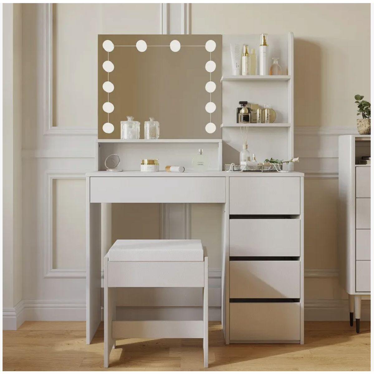 HOMER DESIGN - Tocador con taburete Espejo Con Luz Hollywood Y Cajonera 140x90x40cm