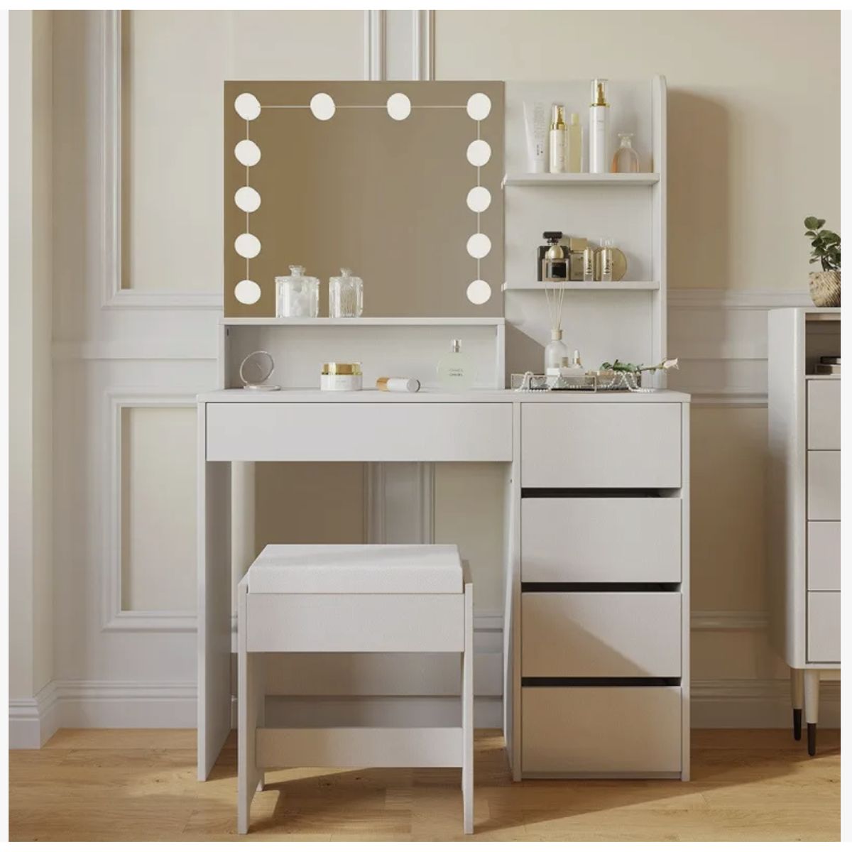 HOMER DESIGN - Tocador con taburete Espejo Con Luz Hollywood Y Cajonera 140x90x40cm