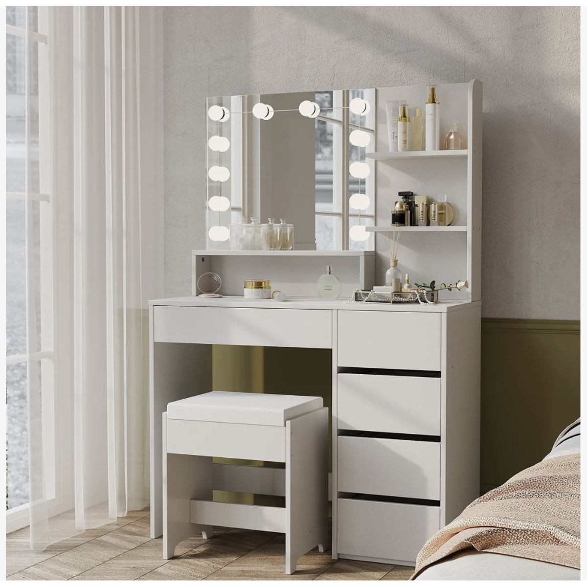 HOMER DESIGN - Tocador con taburete Espejo Con Luz Hollywood Y Cajonera 140x90x40cm