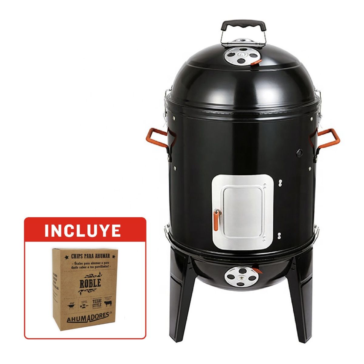 GENERICO - Ahumador y parrilla a Carbón 3 en 1  - 44 cm + 1 caja de Chip#4 Roble