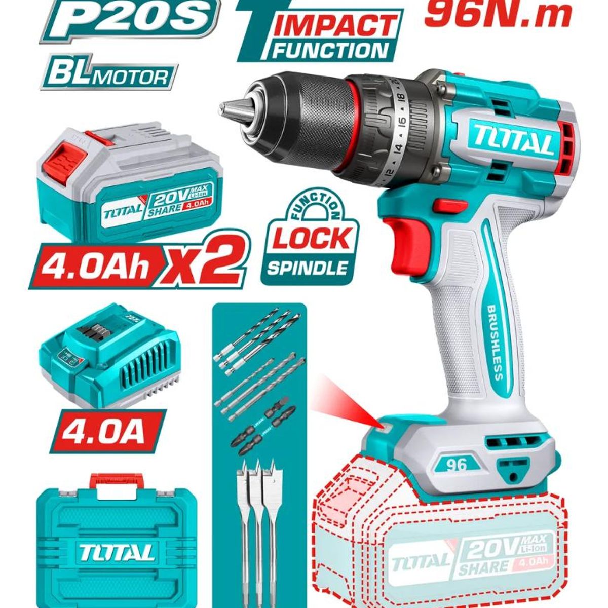 TOTAL TOOLS - TALADRO PERCUTOR TOTAL 13MM 96NM 20V 2B+C+ACC TIDLI20968-7