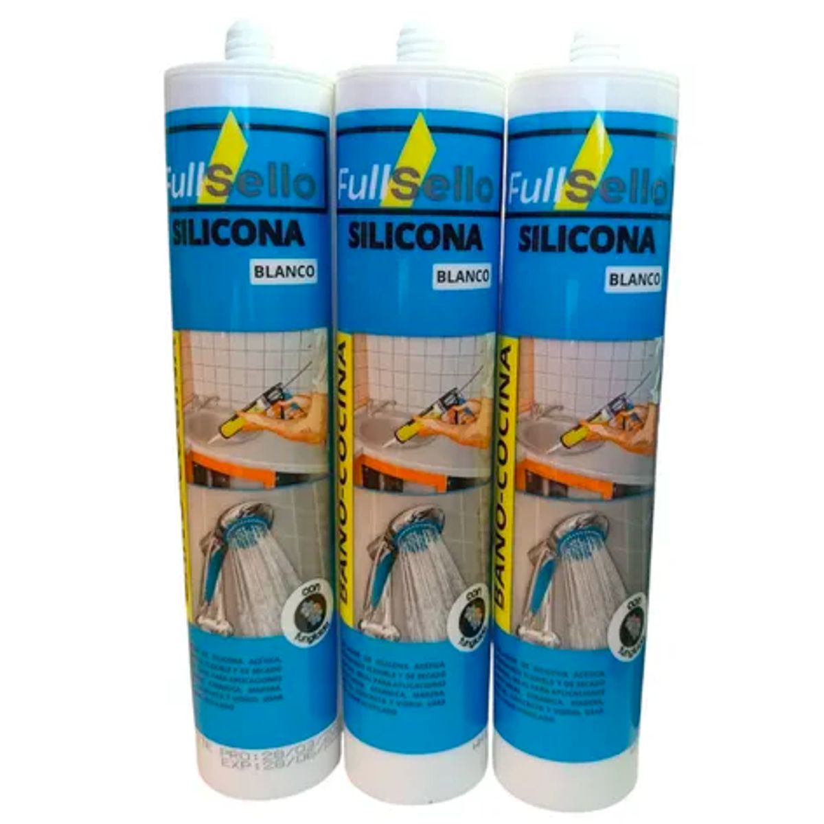 FULLSELLO - Pack x3 Silicona Acetica Tubo Baño Cocina Fullsello Color Blanco Con Fungicida