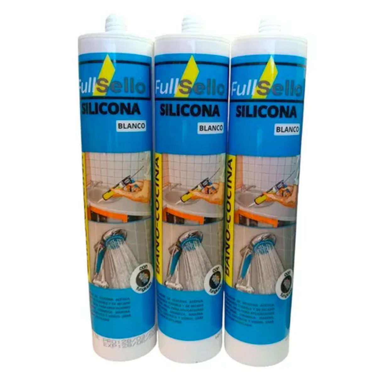 FULLSELLO - Pack x3 Silicona Acetica Tubo Baño Cocina Fullsello Color Blanco Con Fungicida