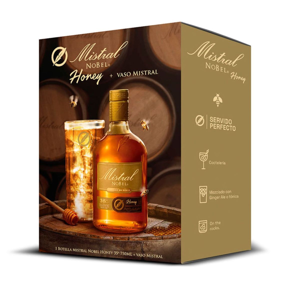 MISTRAL - Pack Pisco Mistral Nobel Honey 750cc + Vaso