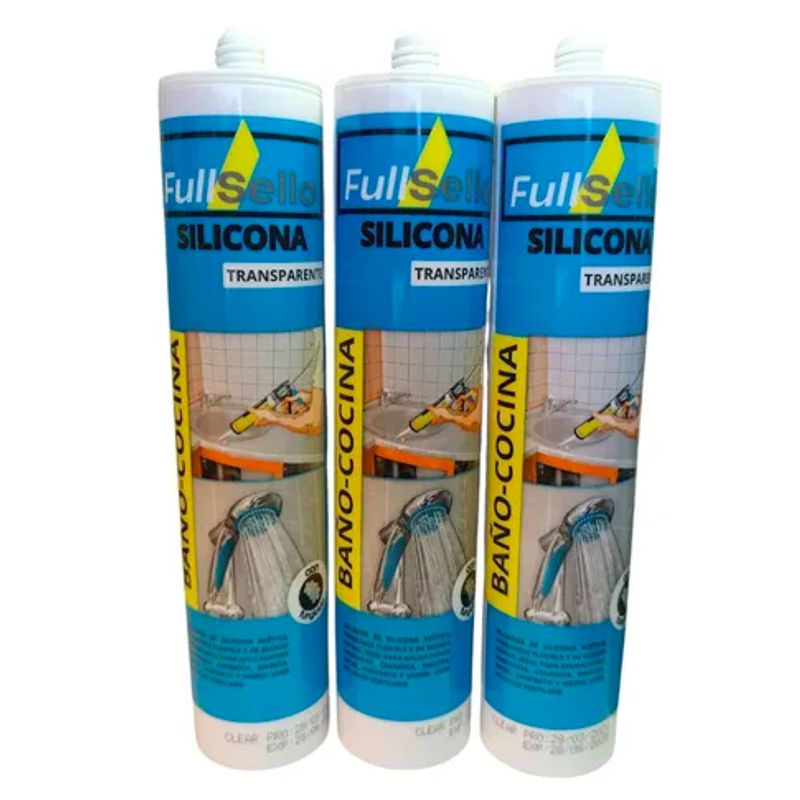 FULLSELLO - Pack x3 Silicona Acetica Tubo Baño Cocina Fullsello Color Transparente Con Fungicida