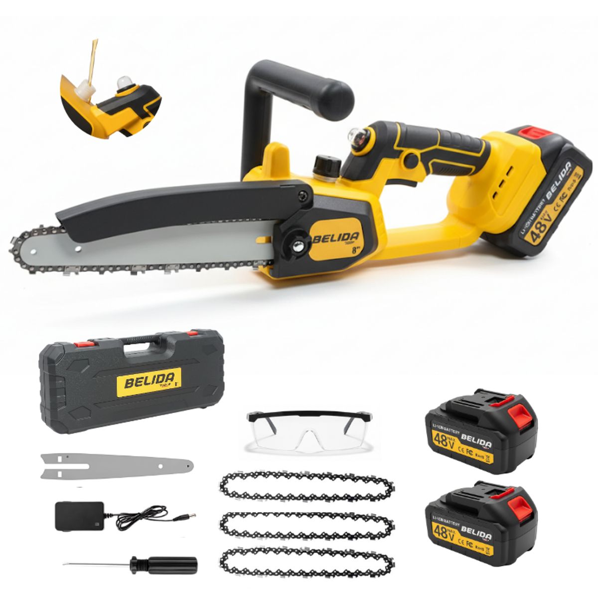 BELIDASHOP - Motosierra Inalámbrica 8 Belida + 2 Baterías Y Cargador Amarillo