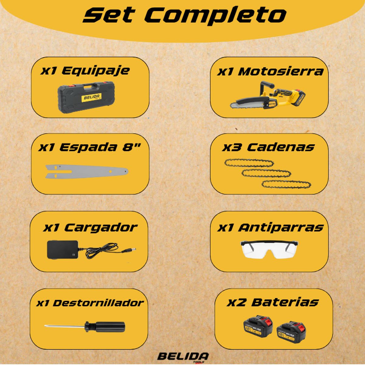 BELIDASHOP - Motosierra Inalámbrica 8 Belida + 2 Baterías Y Cargador Amarillo