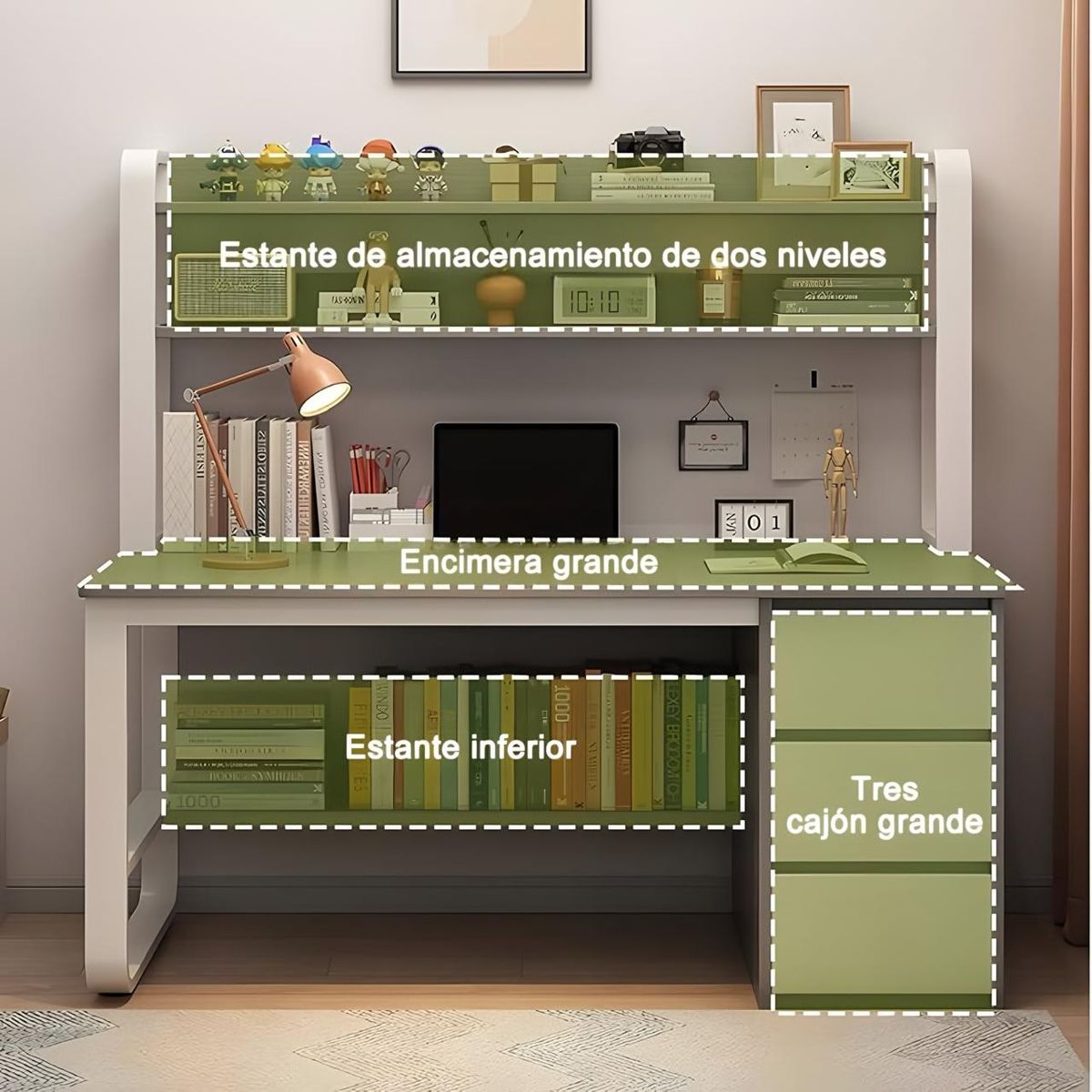 ACTUAL - Escritorio Multifuncional 120x50x147 Con 3 Cajones Estantería Superior