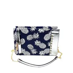 VANE COLLECTION - Cartera mujer clutch plateada y azul cadena colgante estampado piña