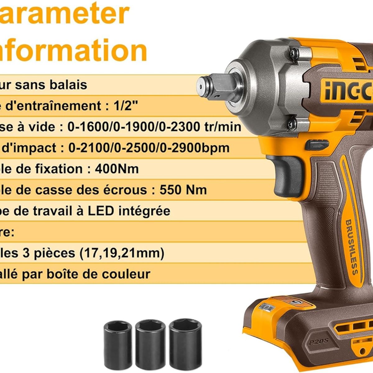 INGCO - Llave Pistola De Impacto Bl 20v 400 Nm 1/2 Ingco Ciwli20401