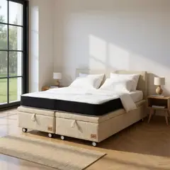 BLOCCARE - Cama Baul 2 Plazas + Colchon Black L200/Ruedas LOGO (Beige)