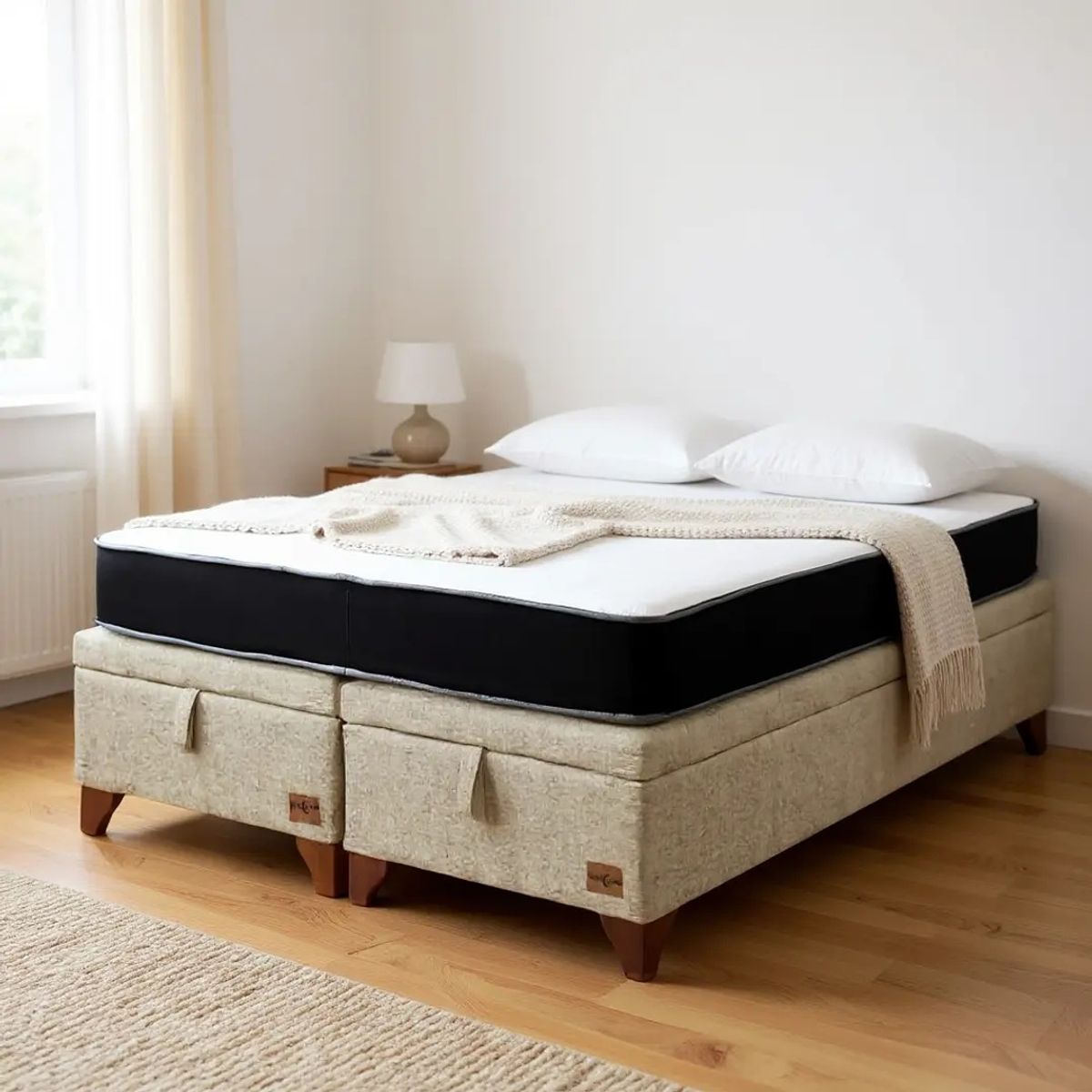 BLOCCARE - Cama Baul 2 Plazas + Colchon Black L190/PATAS MADERA 11CM (Beige)