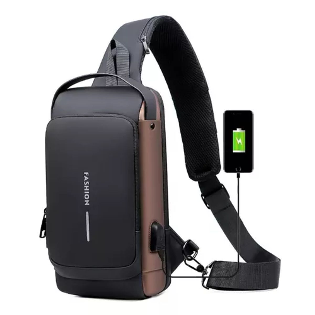 GENERICO - Bolsa de pecho antirrobo para hombre con carga USB color negro
