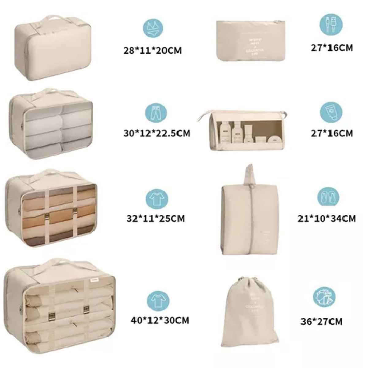 GENERICO - Bolsas de viaje 8 en 1 color beige