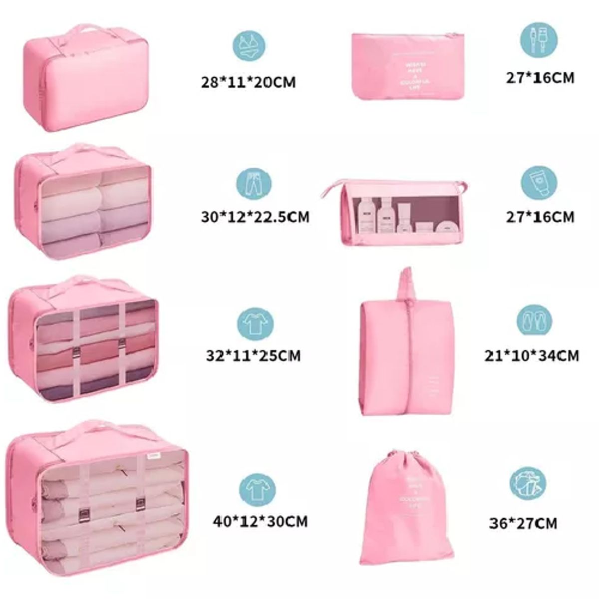 GENERICO - Bolsas de viaje 8 en 1 color rosado